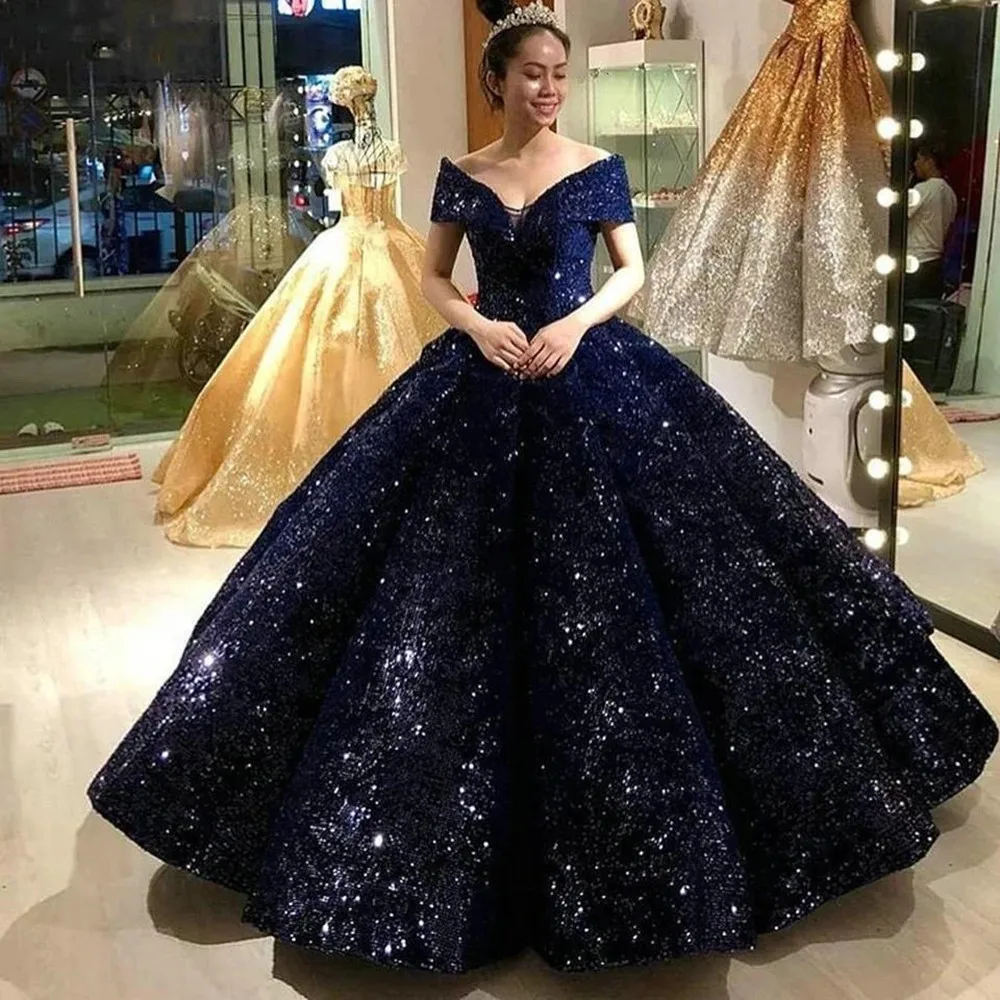 

Navy Princess Ball Gown Sequin Quinceanera Dresses Women Formal Pageant Party Gowns Off The Shoulder Robe De Soiree Elegant Long