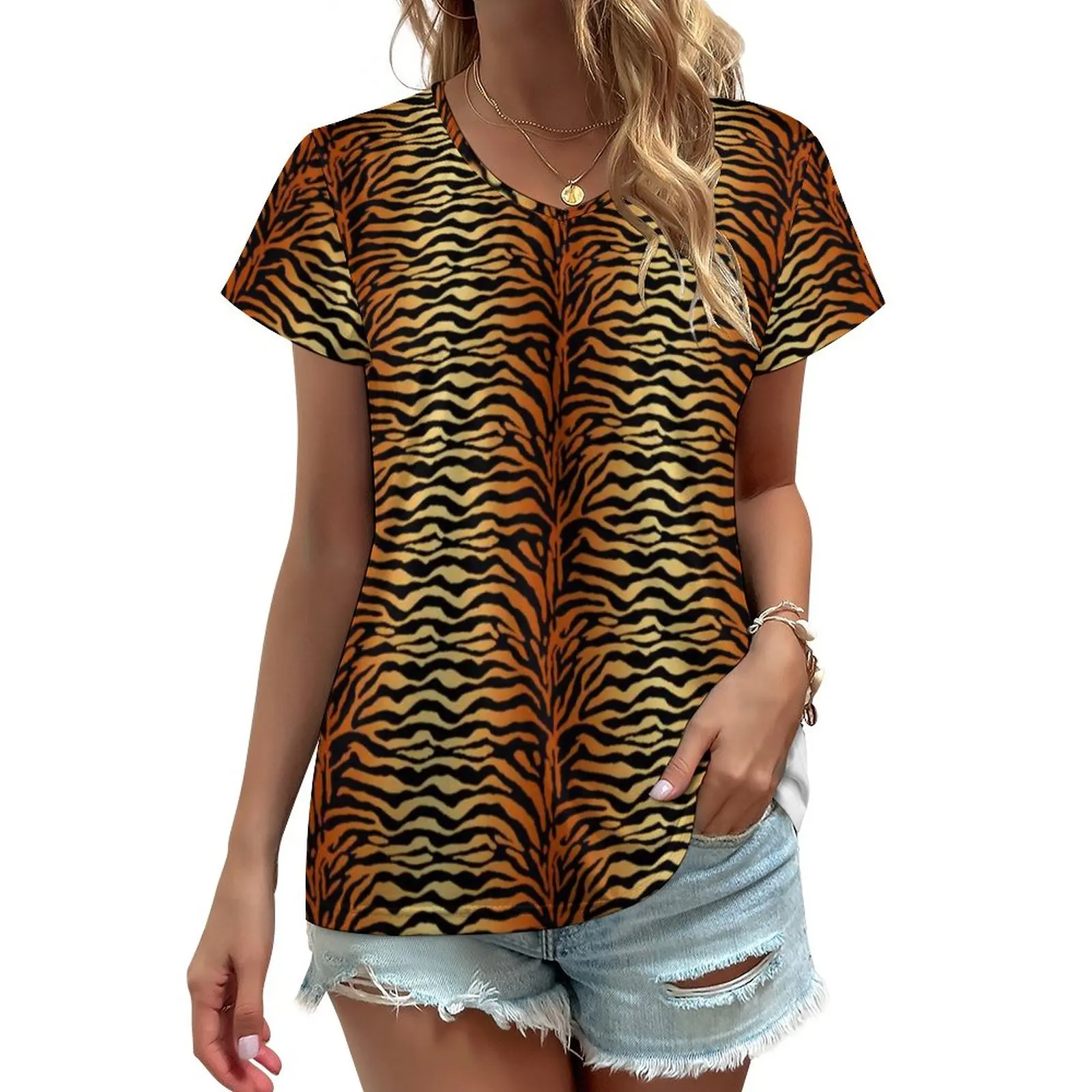 

Tiger Stripes T Shirt Retro Animal Print Aesthetic V Neck T Shirts Short Sleeve Street Fashion Tshirt Beach Top Tees Big Size
