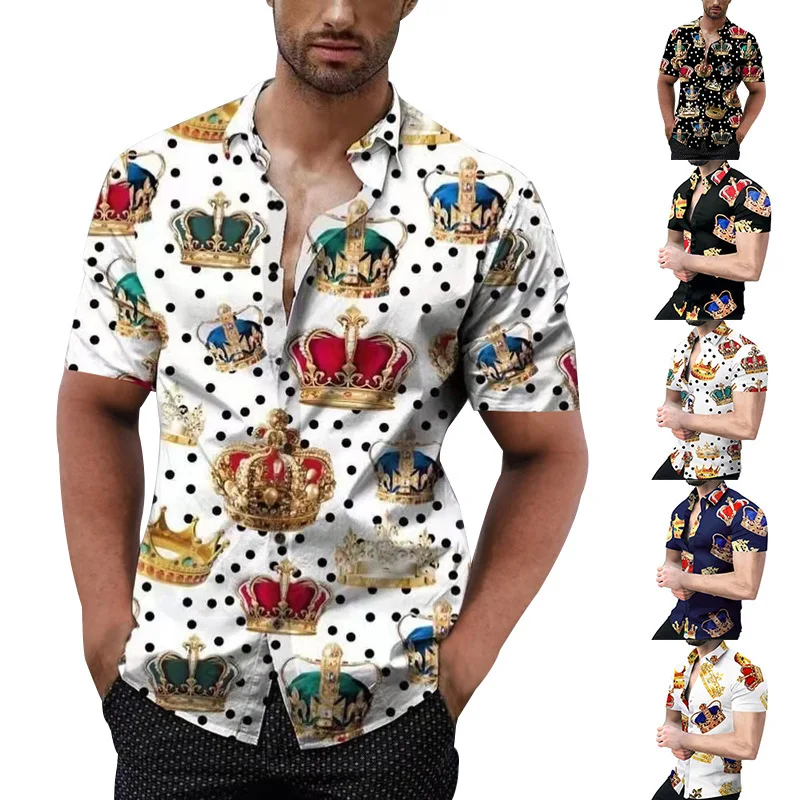 

New casual lapel Print Thin Hawaiian shirt fashion Printed lapel single breasted short sleeve loose Henry casual shirt