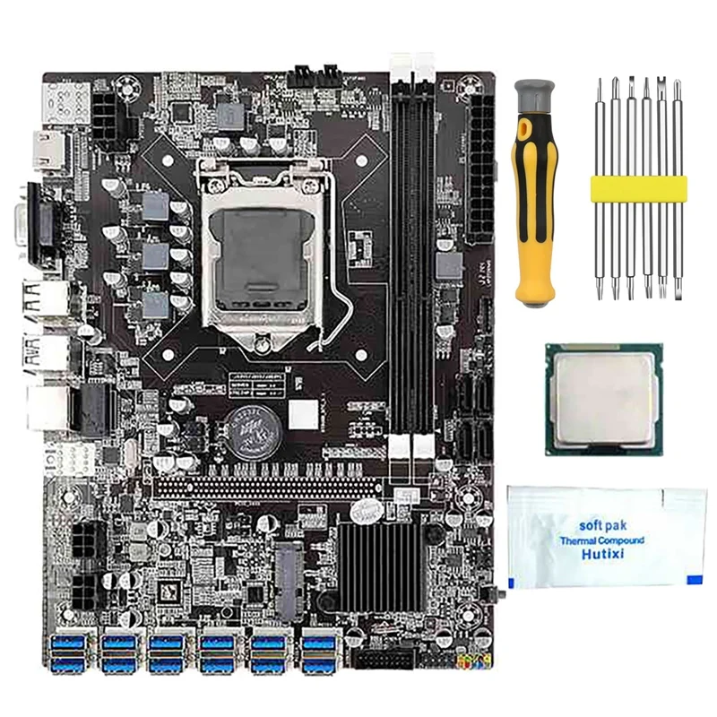 B75 BTC Mining Motherboard with G530/G630 CPU+Thermal Grease+Screwdriver 12 USB3.0 to PCIE Slot LGA1155 DDR3 RAM SATA3.0
