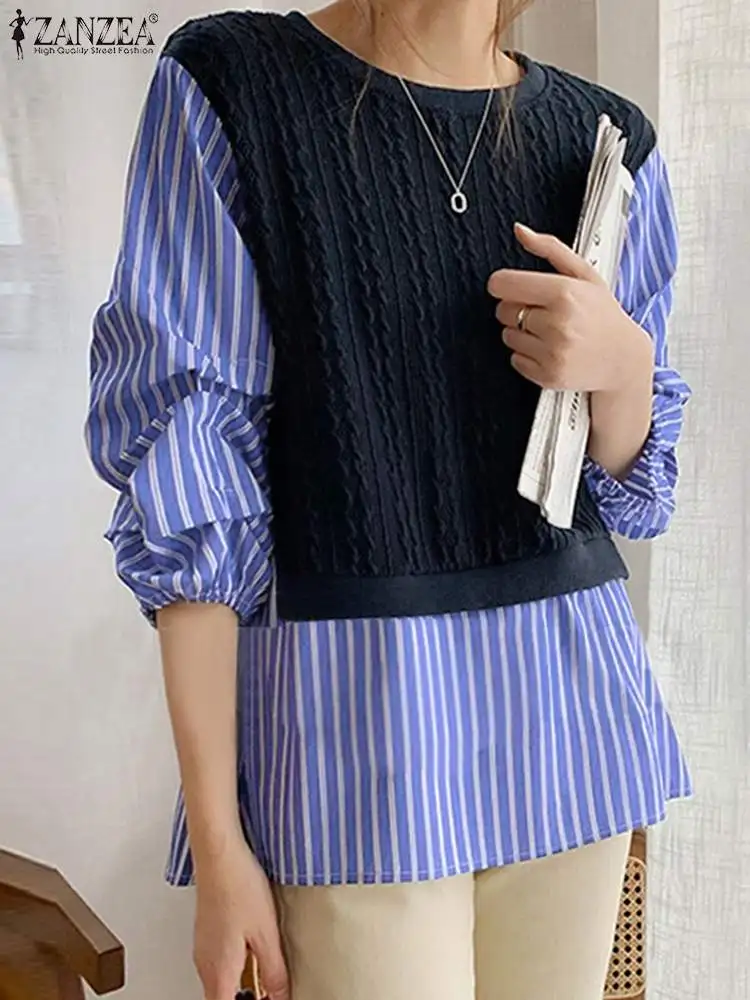 

Модная рубашка ZANZEA, женские осенние Топы с рукавом 3/4 в стиле пэчворк, повседневная полосатая блузка с имитацией двух частей, праздничные бл...