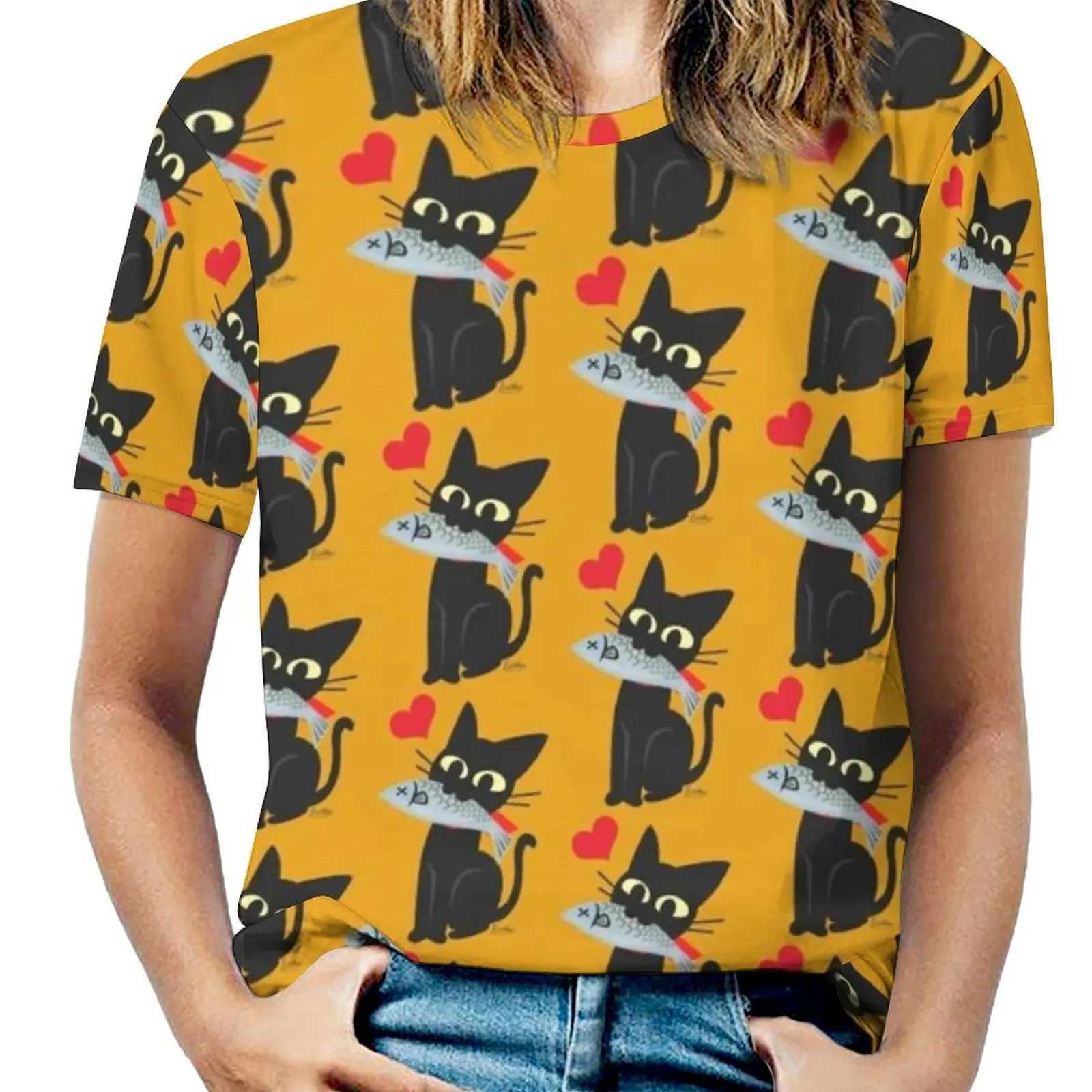 

Получить! Женская футболка с принтом на весну и лето, футболки с круглым вырезом, пуловер, топ, кошка, кошка, черный кошка, котенок, котенок, ми...