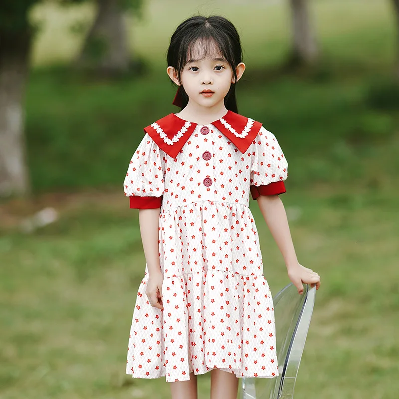 

3-12 year old girl's lotus leaf collar dress 2022 summer new children's simple dotted princess skirt pastoral casual A-line skir