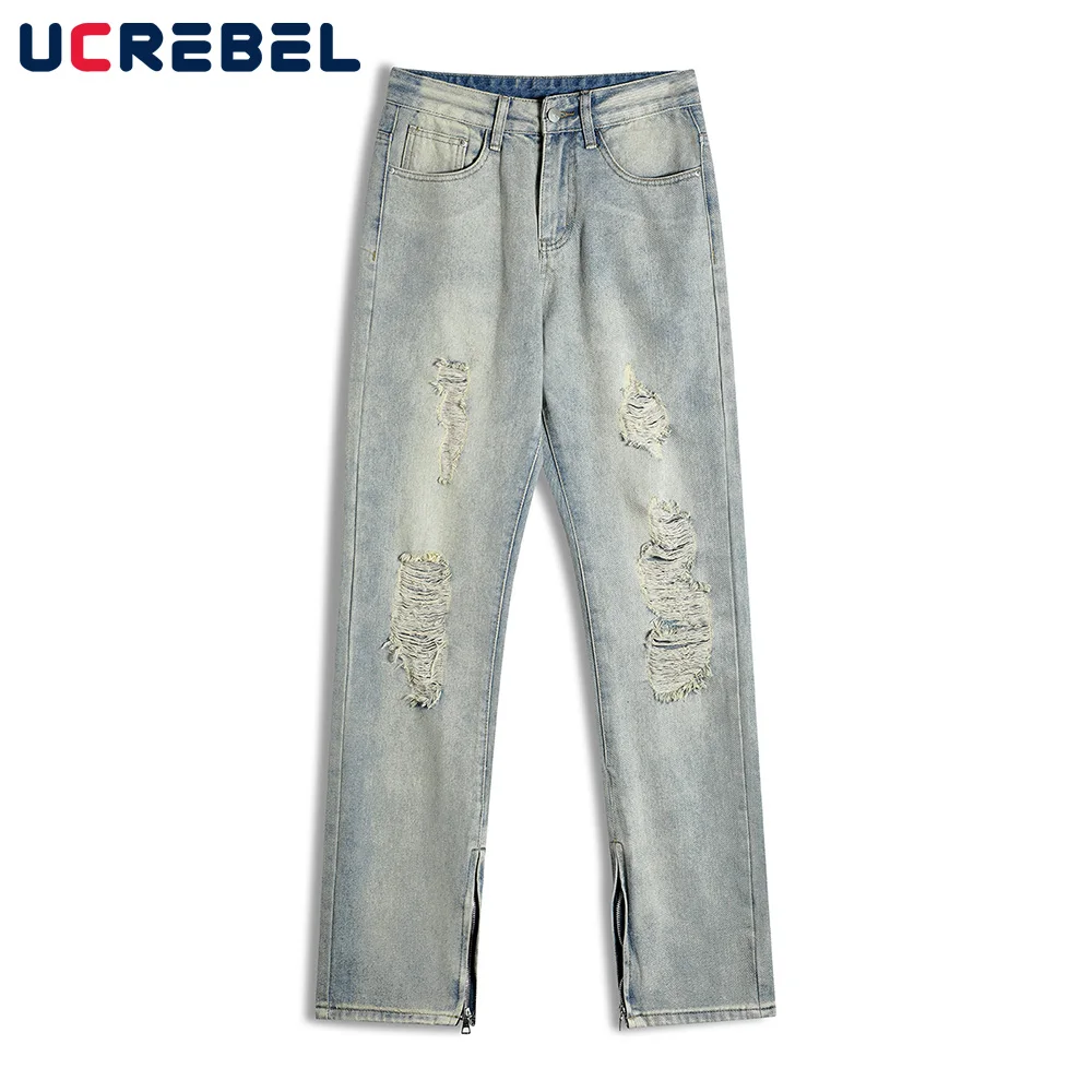 

Джинсы мужские рваные, потертые прямые штаны, молния снизу, повседневные брюки из денима в стиле ретро