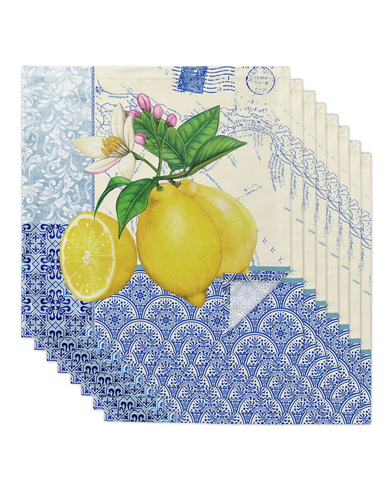 

Blue And White Porcelain Texture Map Lemon Table Napkins Cloth Set for Party Wedding Decor Soft Kitchen Dinner Napkins Cloth
