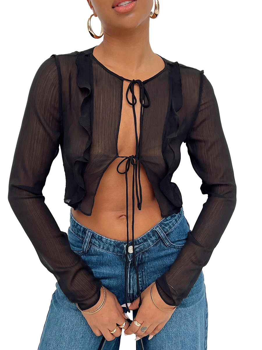 

Flirty Sheer Mesh Crop Top with Ruffle Detail and Tie-Up Long Sleeves - Perfect Summer Beach Cover Up Cardigan for Women