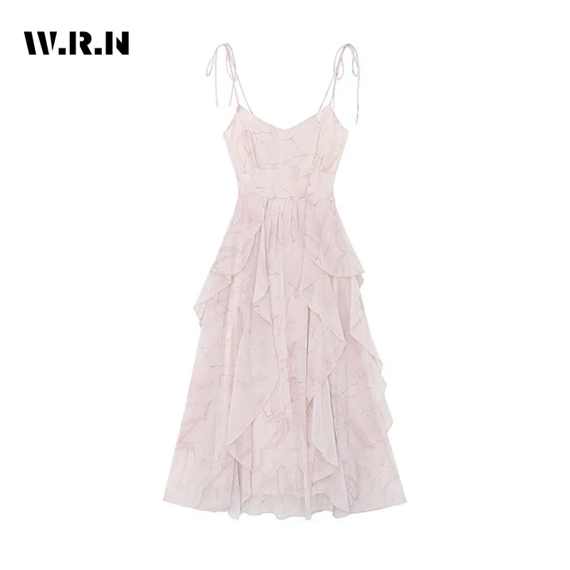 

Женское шифоновое мини-платье с открытой спиной, розовое платье на бретелях с принтом, с V-образным вырезом, лето 2023