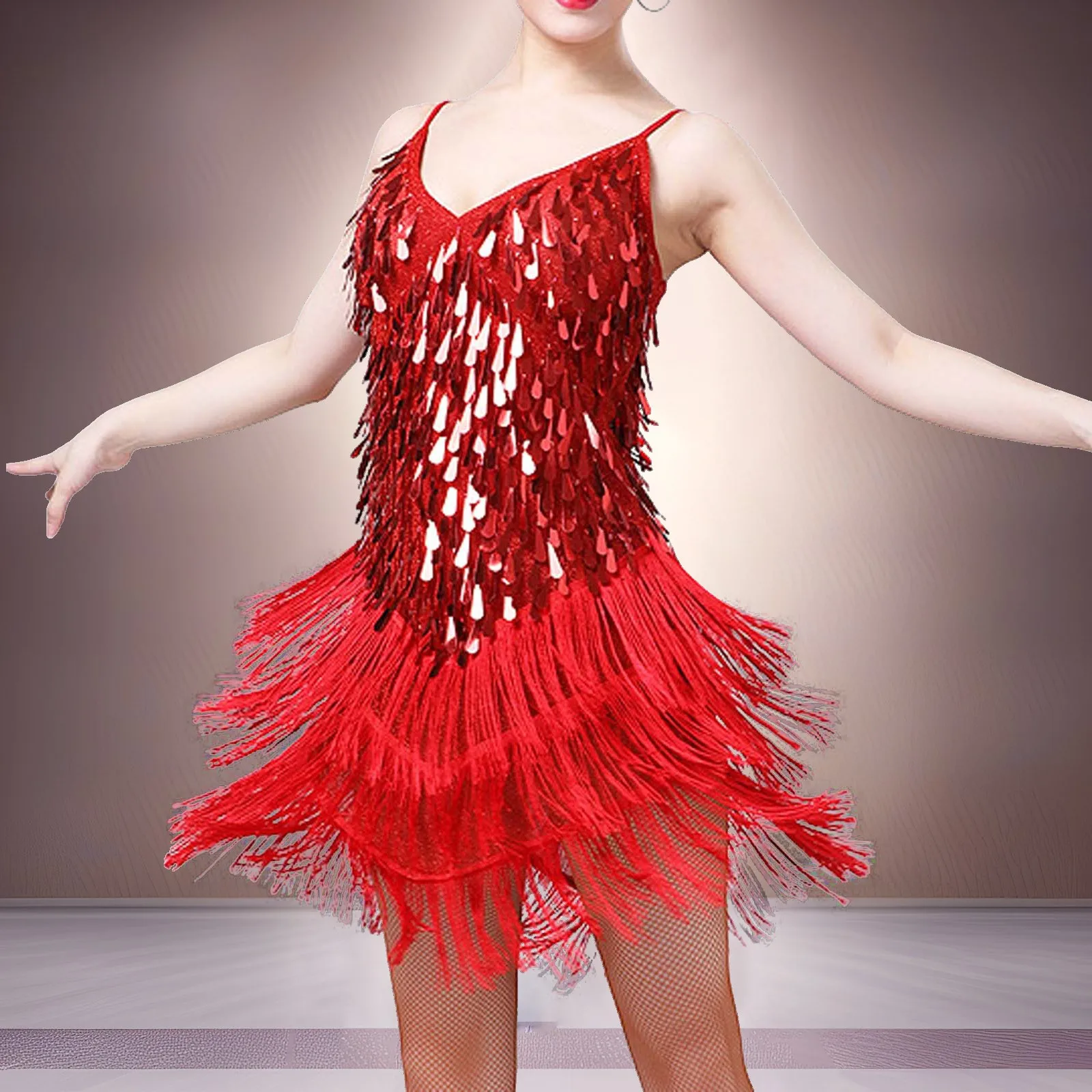 Платье для латинских танцев костюмы соревнований юбка с блестками и кисточками