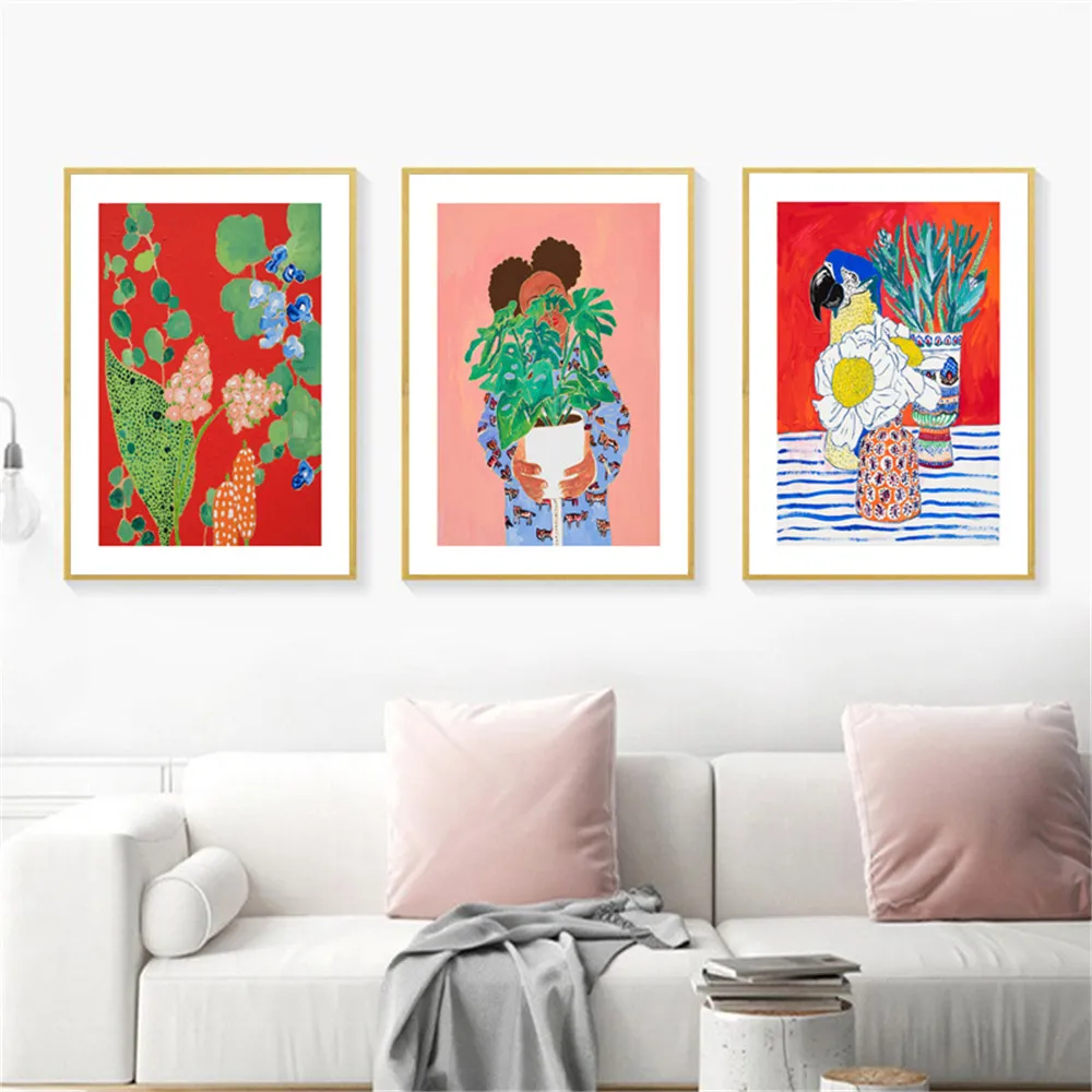 

Abstract Leaf Flowers Plant Wall Art Canvas Painting Girl Illustration Poster And Print Nordic Pictures Living Room Home Decor