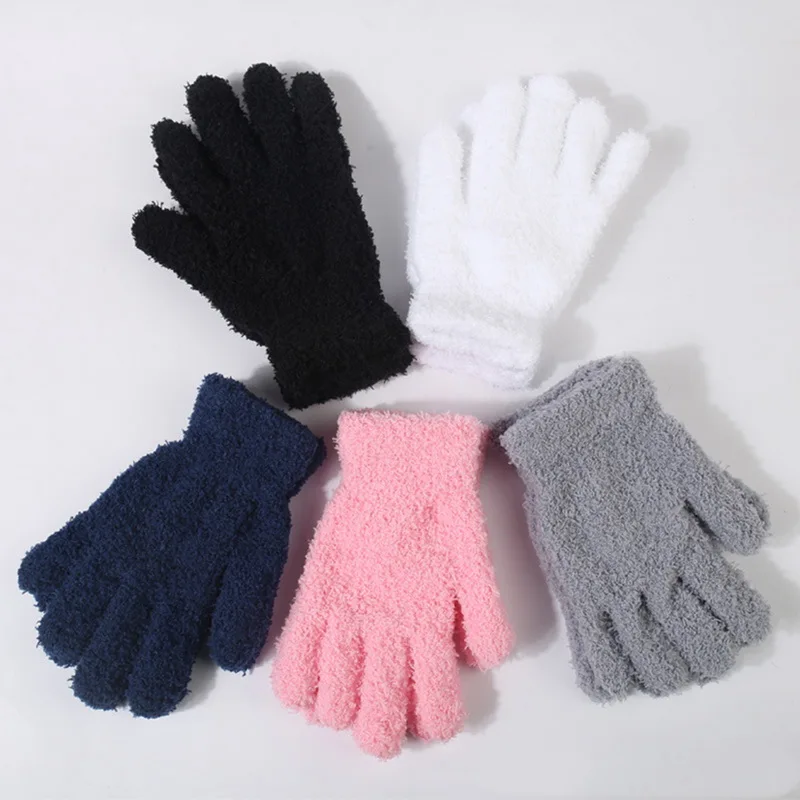 

1pair Knitted Fleece Couple Gloves Winter Solid Color Full Finger Mittens Hand Warmer Men Women Gloves Thicken Cycling Gloves