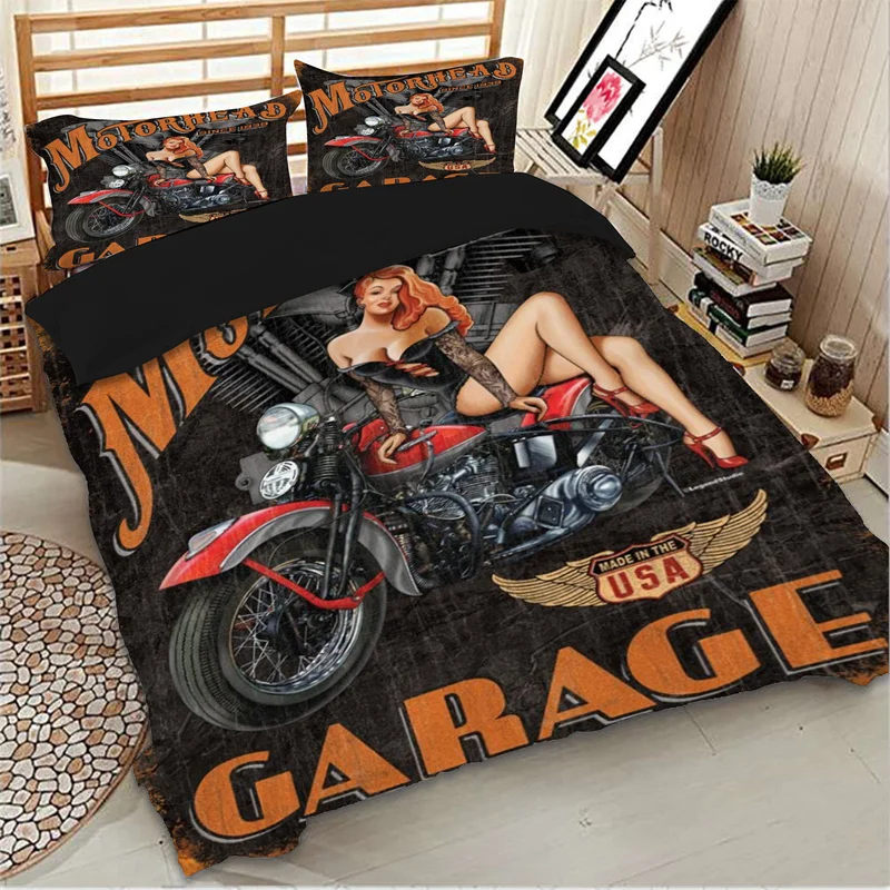 

3D Motorcycle Bedding Set Twin Full Queen King Size Black Duvet Cover Set Sexy Girl Double Single Bedclothes For Adult Teen Home