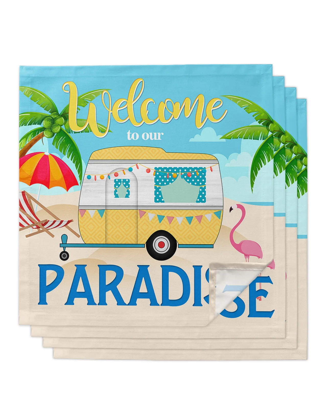 

4pcs Camper Travel Wood Grain Beach Flamingo Square 50cm Table Napkin Wedding Decoration Table Cloth Kitchen Serving Napkins