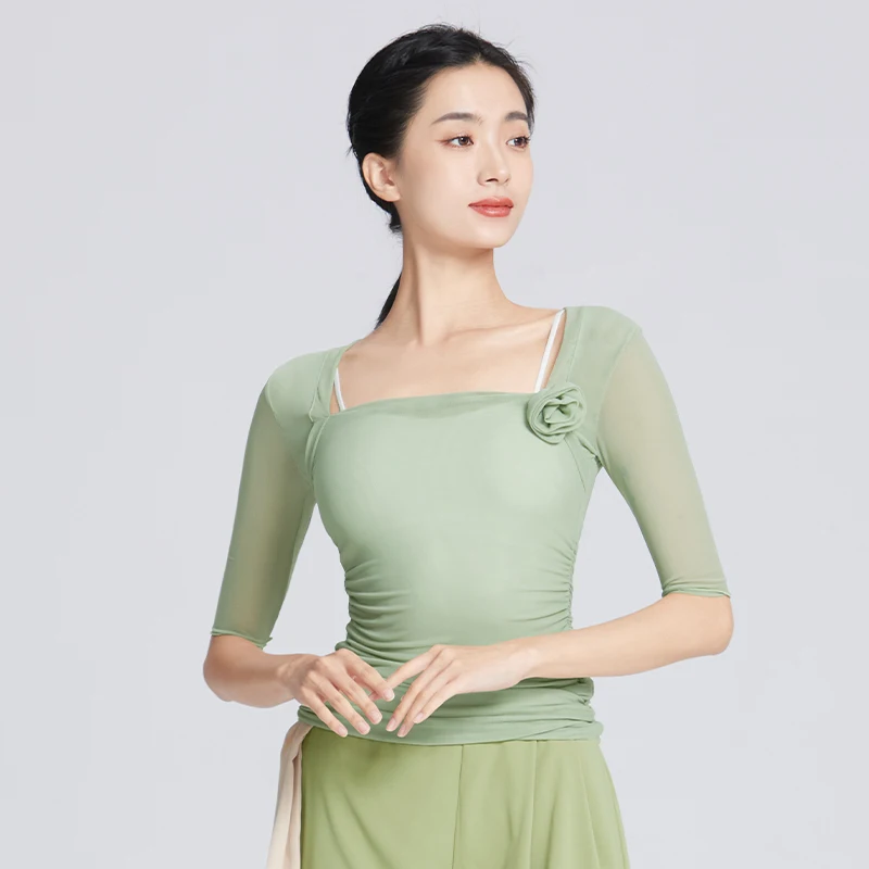 Женские Балетные топы с квадратным вырезом сетчатый нейлоновый Топ рукавами