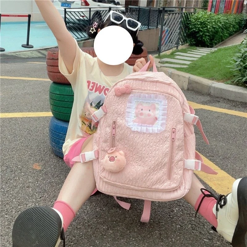 

Pink Cute Pig Backpacks for Women Pleated Sweet Large Capacity Students Backpack Casual Fashion Kawaii Brand Ladies Bag Sac