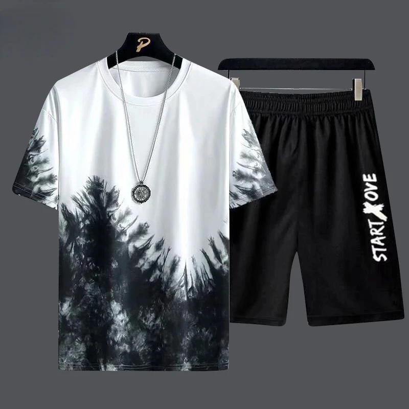 

New2022 Men's Set Harajuku Print Tracksuit Men Short Sleeve 2 Piece Set+Short Fashion Jogging Sportswear Suit Hip Hop Street