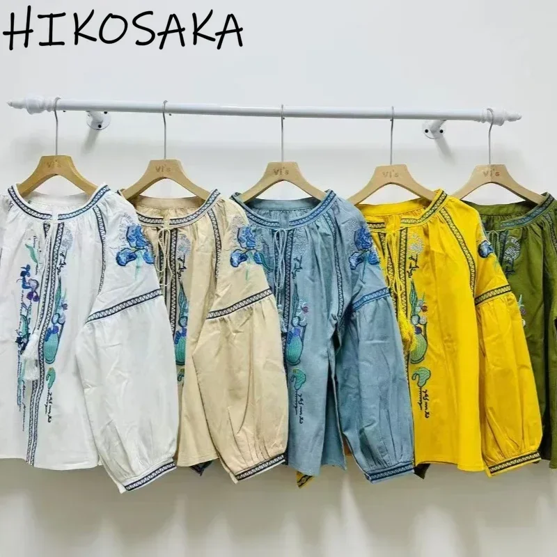 Винтажные повседневные рубашки с вышивкой в этническом стиле пуловер круглым