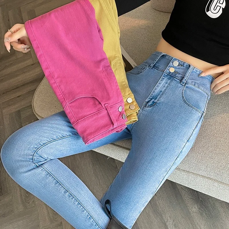 

Женские узкие брюки карандаш с молнией, розовые, желтые, синие облегающие эластичные джинсы с высокой талией