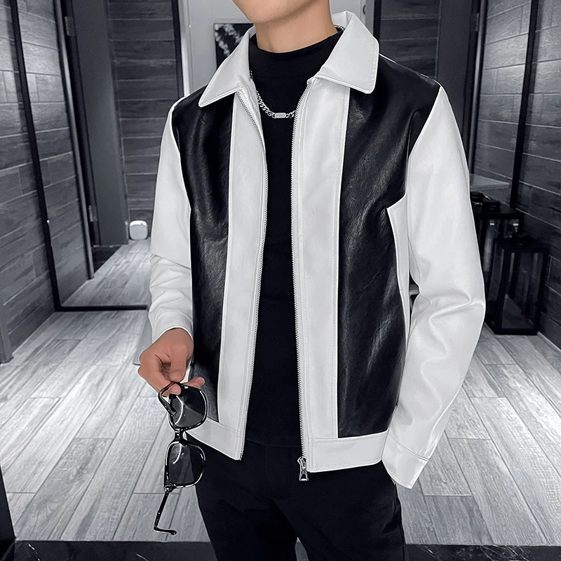 

2022 Spring Leather Jackets Men Fashion Stitching Motorcycle Bike Jacket Slim Turn Down Collar Casual PU Biker Coat Streetwear