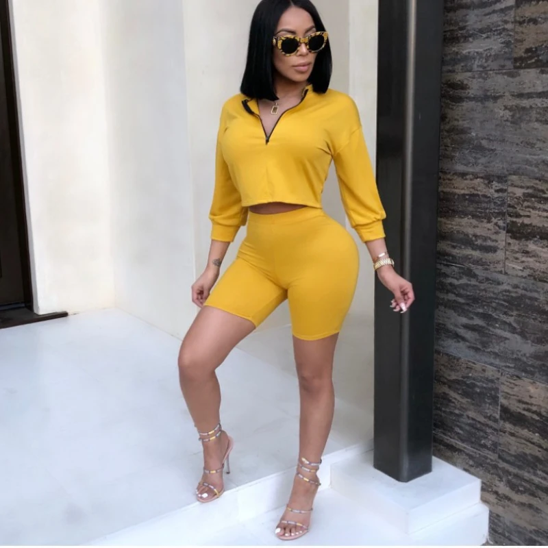 

ZITY Slim Women Yoga Set Healthy Cloth Simple Sports Jogging Short Zipper Top Elastic Shorts Set Summer Causal Two Piece Set