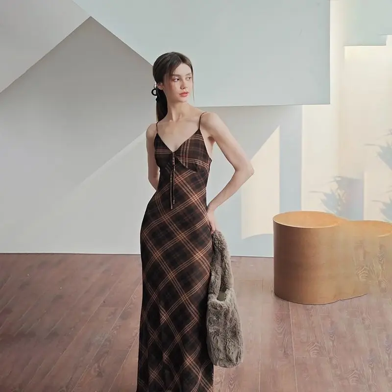 Женское двухслойное платье в стиле ретро Сетчатое на бретелях с V-образным