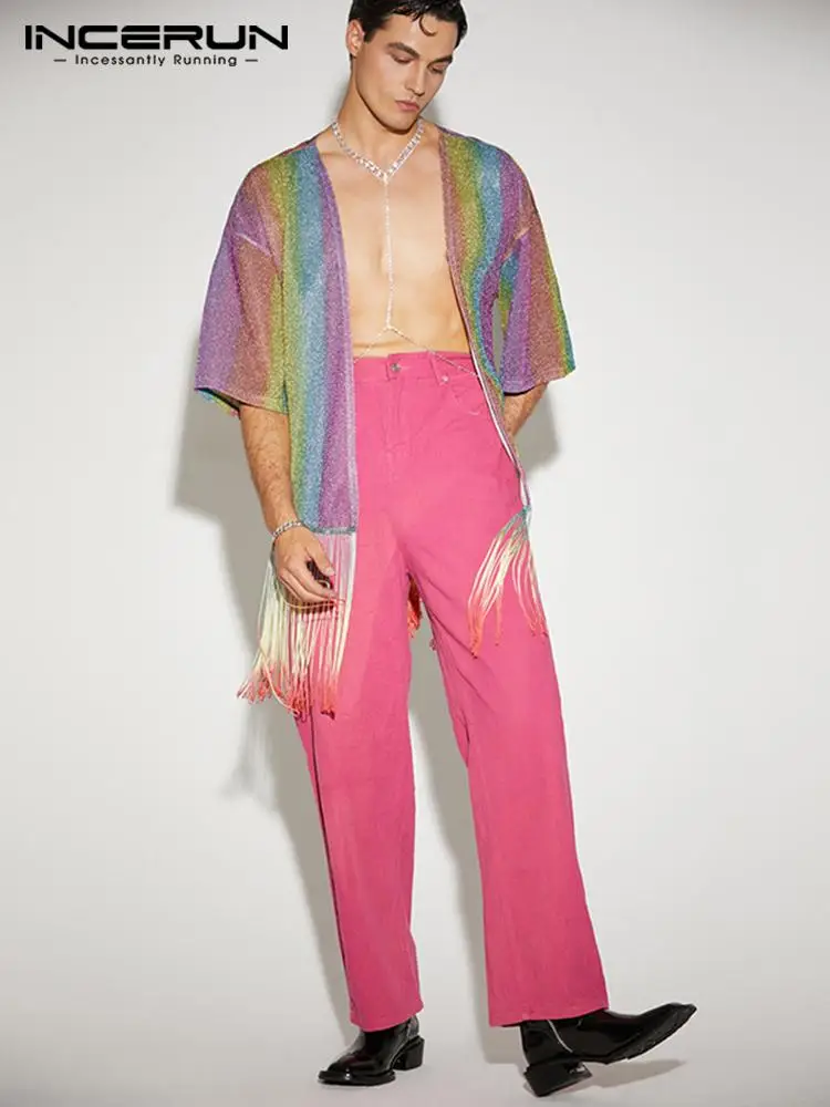 Fashion Casual New Men Tops 2022 INCERUN Rainbow Patchwork Fringe Blouse Stylish Male Hot Sale Mid Sleeve Cardigan Shirts S-5XL