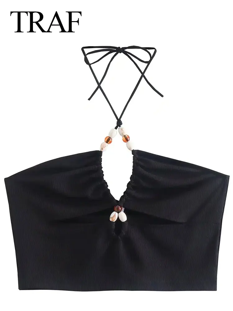 

TRAF Sexy Fashion Short Ladies Sling Summer New Charming Elegant Black Chest Hollow Beaded Halter Senior Ladies Sling Top