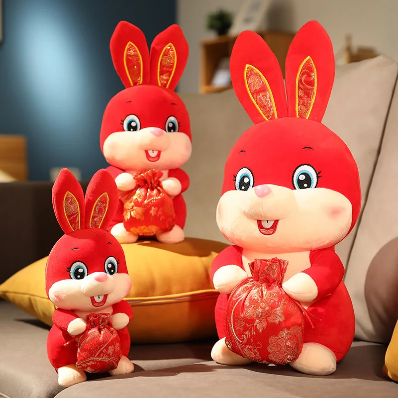 2023 New Year Chinese Zodiac Ox Rabbit Hold Lucky Bag Plush Toy Bunny Mascot Plush Doll Pillow Stuffed For Kids New Year'S Gift