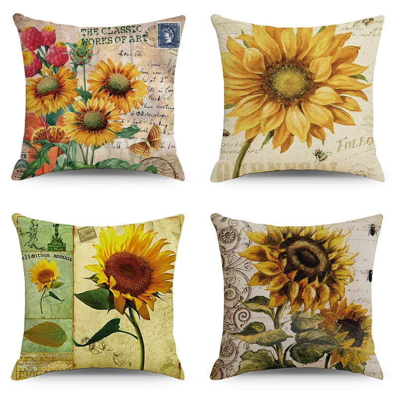 

Vintage Sunflower Linen Pillowcase Flower Pillow Case Home Decor Garden Chair Pillow Cover for Sofa Bed Interior for Home Decor