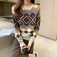 women o neck loose casual pullovers autumn winter fashion warm long sleeve leisure knitted jumpers red argyle knitted sweater