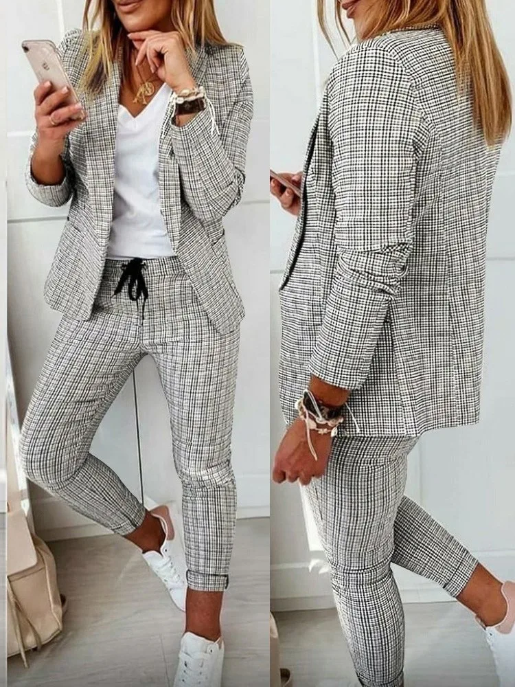 

Casual Suit Two Pieces For Women Fashion Print Sets 2023 Autumn Female Turndown Collar Single Breasted Blazer And Pants Set