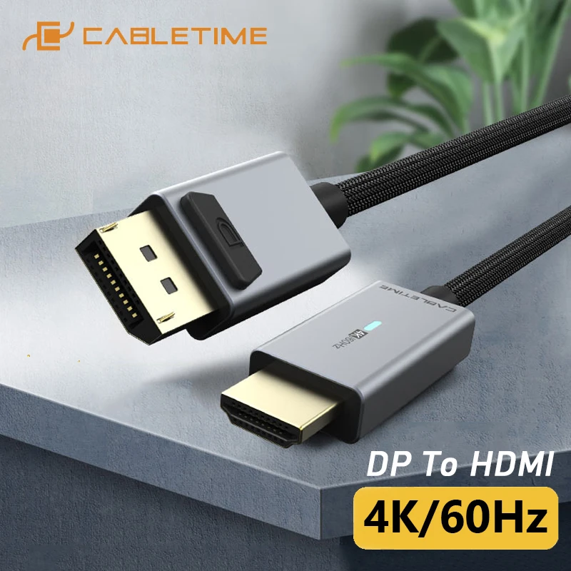 

CABLETIME DP to HDMI 4K/60Hz Cable HDMI LED Light Displayport Converter for Laptop PC Macbook Air Acer Dell HDMI Cable C313