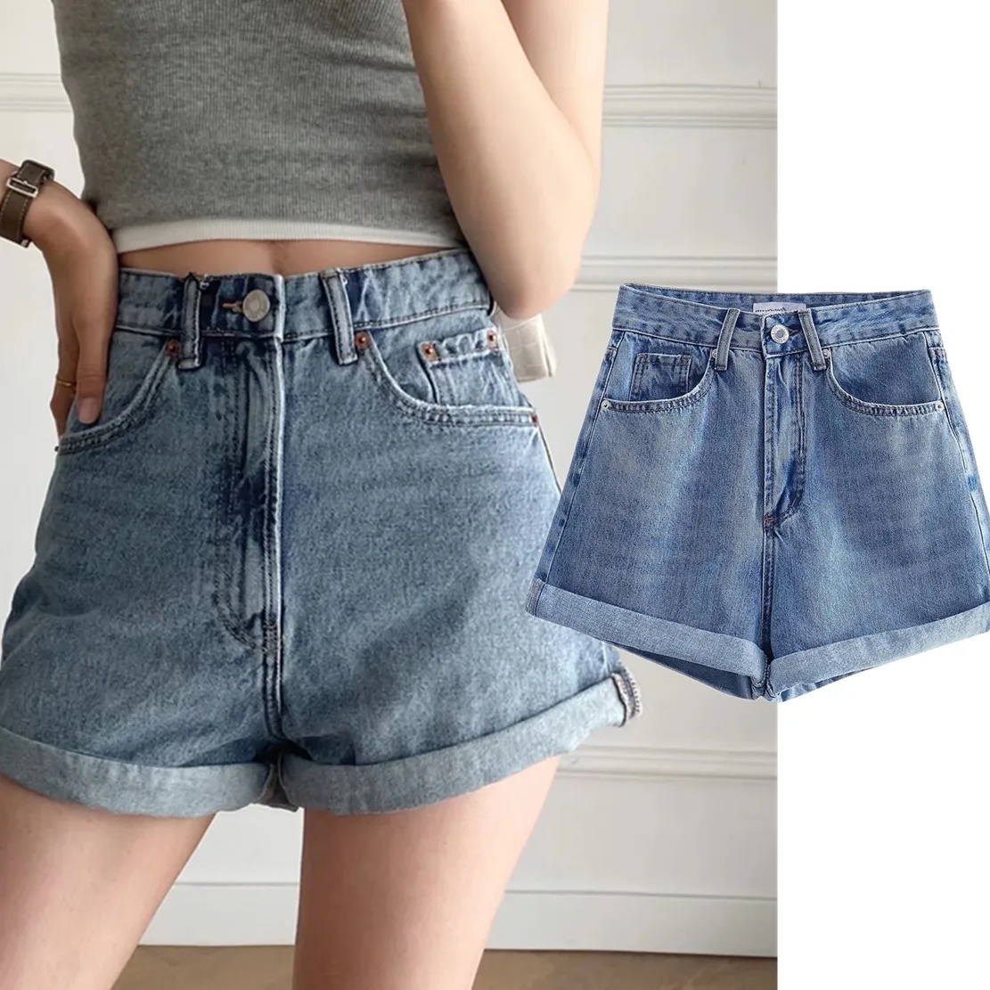 Maxdutti England Style High Street Vintage Mom Shorts Washed High Waist Bermuda Harem Denim Shorts Women