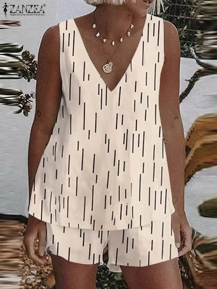 

2PCS Bohemian Printed Matching Sets Casual Beach Suits Summer Tracksuits 2022 ZANZEA Women V Neck Sleeveless Blouse Short Sets