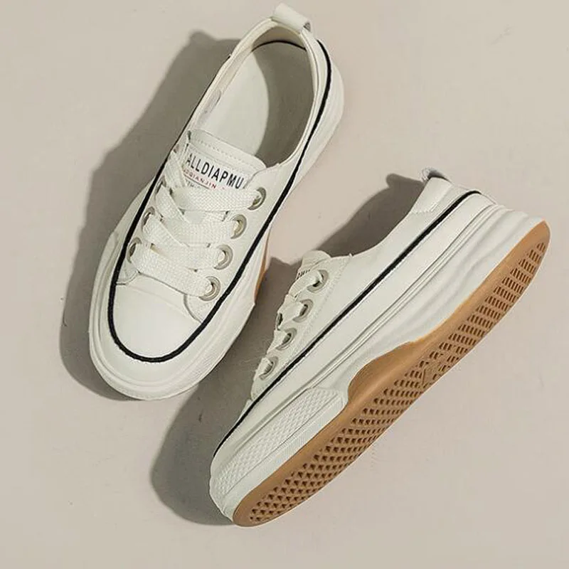 2023 Net Red Popular Split Leather Sneakers Women Spring Flat Platform Shoes Round Toe Breathing Student White Beige Flats 1009