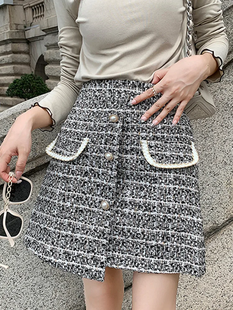 

Small Fragrant Wind Tweed Pleated Skirt For Women Korean Design Slim High Waist A-Line Woolen Short Skirt