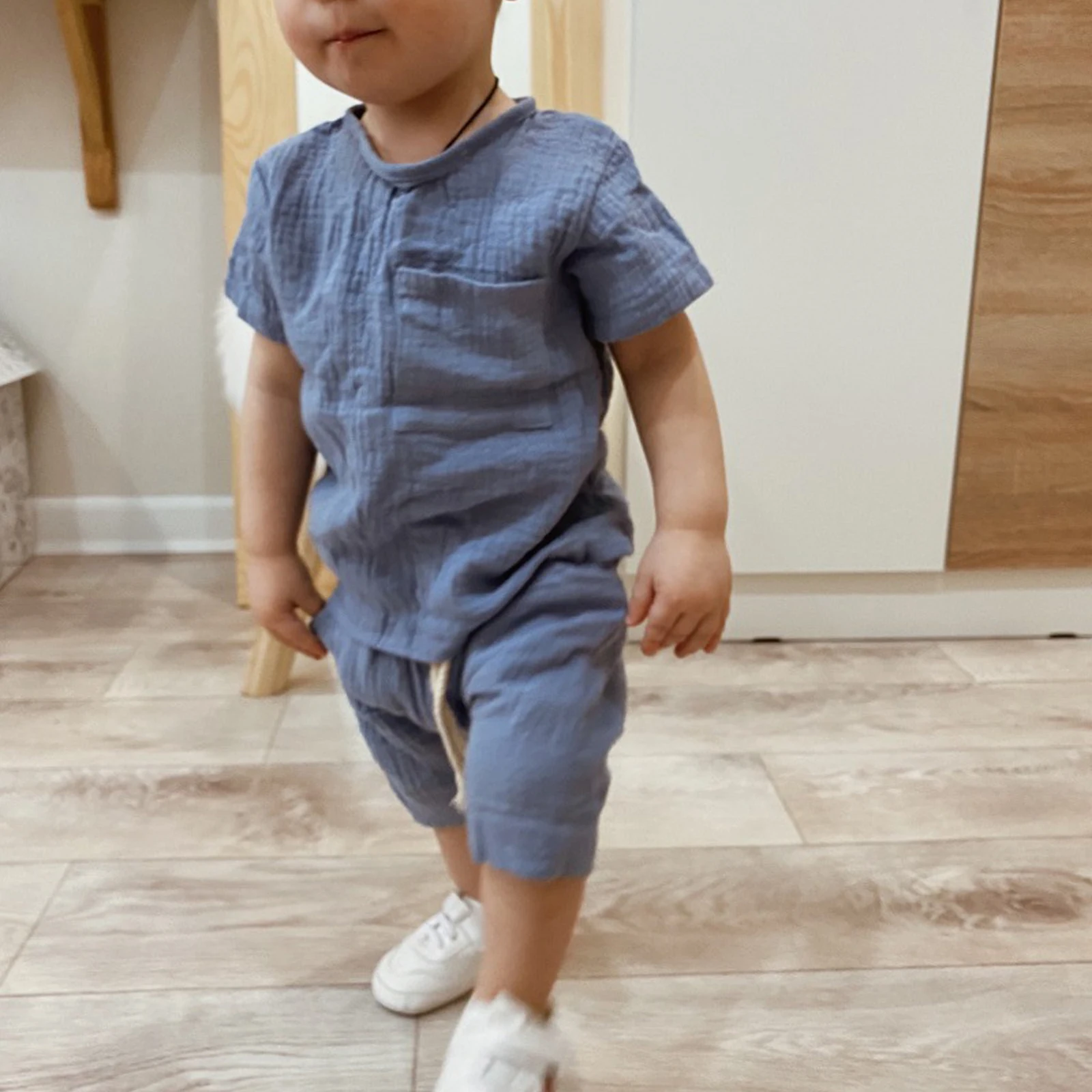 Baby Boys Girls Casual Cotton Clothes Set Short Sleeve Round Neckline Top with Elastic Waistband Drawstring Waist Shorts