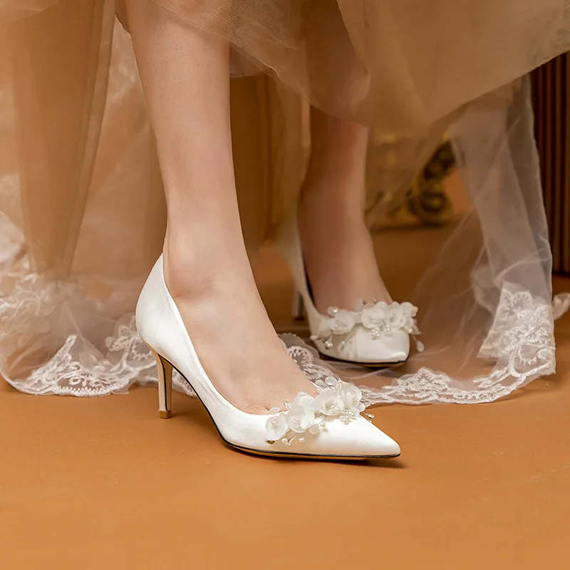 Wedding Shoes Women Bride Main Dress Pumps White Satin Stiletto High Heels Chiffon Flower Pointed Toe Slip-on Large Size 32-43