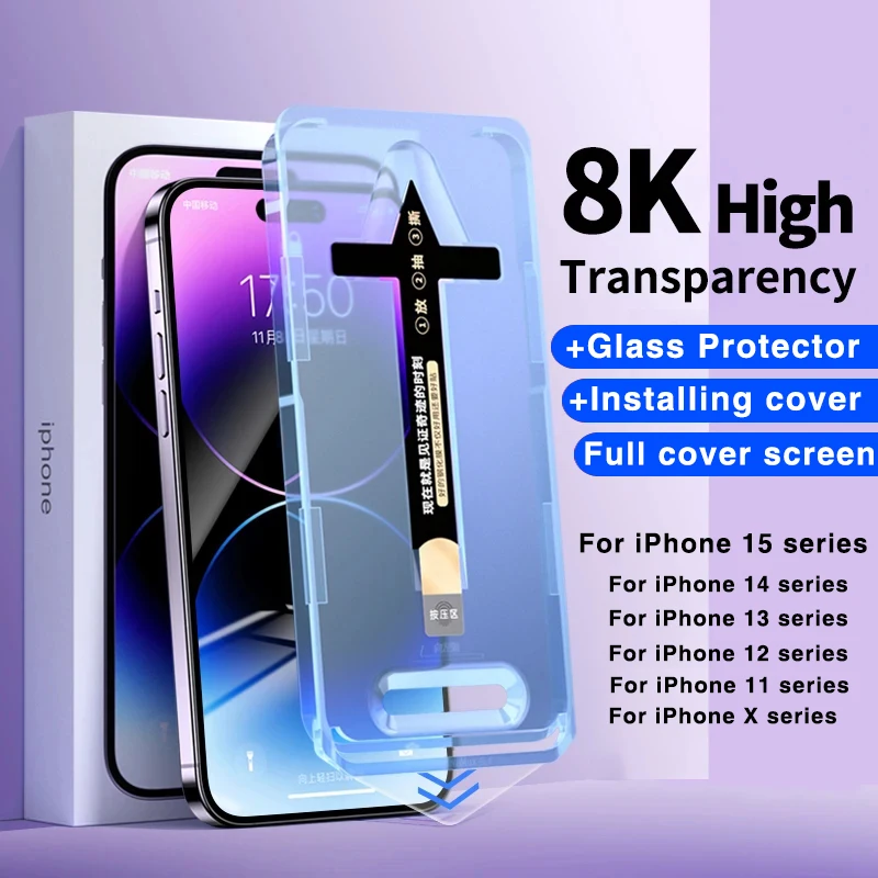 

8K HD And anti Peeping Full Cover Screen Protector For iPhone 15 14 13 12 Pro Max XS XR 15 14 Plus Tempered Glass With installer