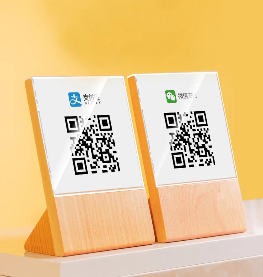 

Acrylic Label Price Tag Payment QR Code Wooden Wood Stand Display Sign Holders For Coffee Restaurant Shop Store