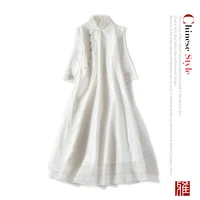 Maje hoydsn Early spring new oblique placket stand collar buckle embroidered improved cheongsam long silk Organza Dress