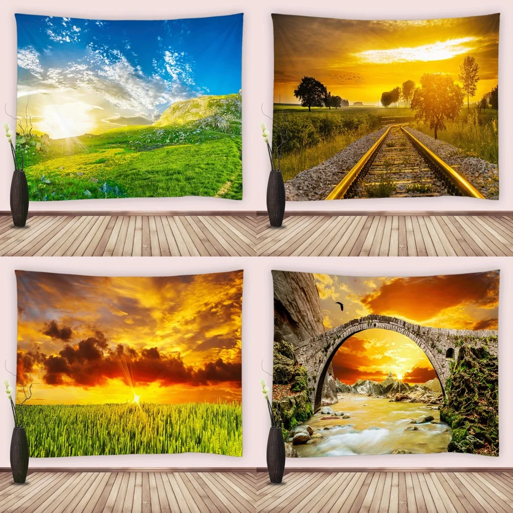 

Sunset Clouds Tapestry Stream Stone Bridge Railway Meadow Natural Scenery Tapestries Wall Hanging for Bedroom Living Room Dorm