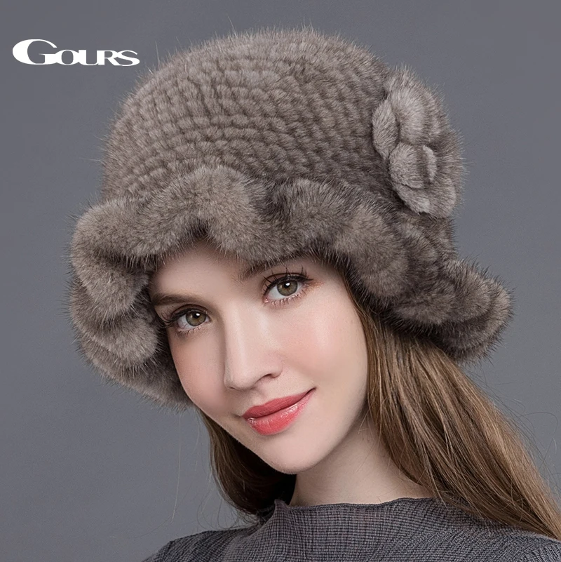 GOURS Winter Real Fur Hats Women Knitted Natural Mink Fur Fedoras Beanies Thick Warm Caps with Floral Fashion New Arrival GLH012