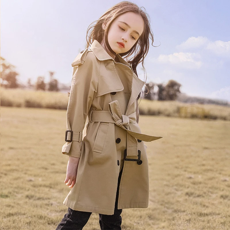 

3-14Y Teen Girls Long Trench Coats 2022 New Fashion England Style Windbreaker Jacket For Girls Spring Autumn Children's Clothing