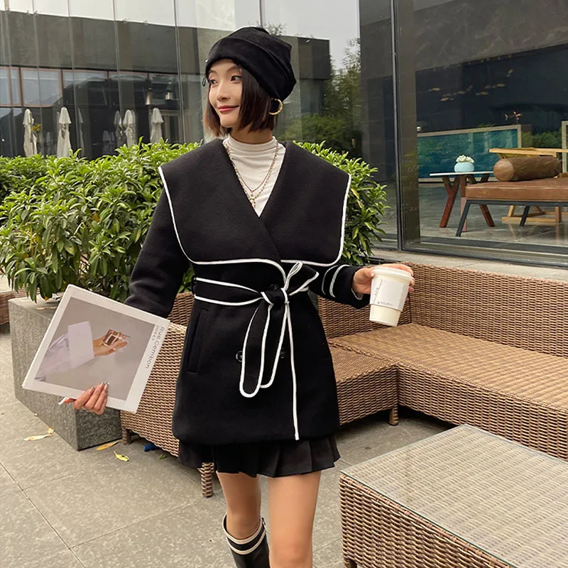 

Autumn New Vintage Imitation Woolen-clothes Coat Double Breasted Black With Belt Navy-collar Long Sleeve Casual Female Outerwear