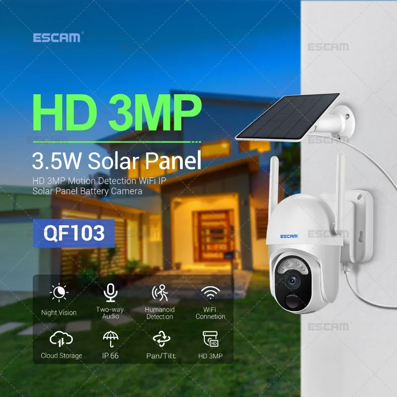 

ESCAM QF103 3MP Cloud Storage PT WIFI solar panel Battery IP Camera with PIR Alarm Full Color Night Vision Two Way Audio IP66