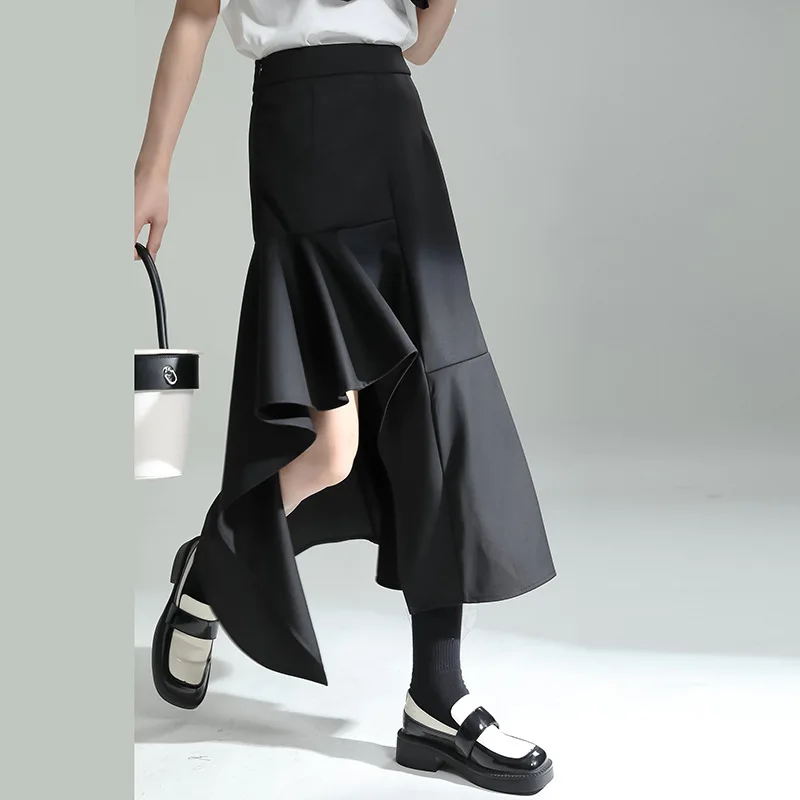 Leorlax Original Design 2023 Summer Japanese Black Split Wooden Ear Hem Skirt with Irregular Large Hem Shows Thin Skirt Women