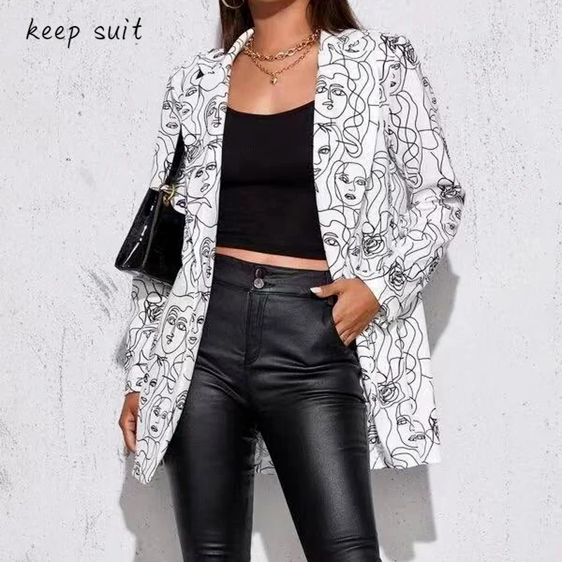 Printed Graffiti Fashion Lady Single Button Long Sleeve Suit Office Lady Loose Suit Commuter Elegant Casual Womens Blazer 2022