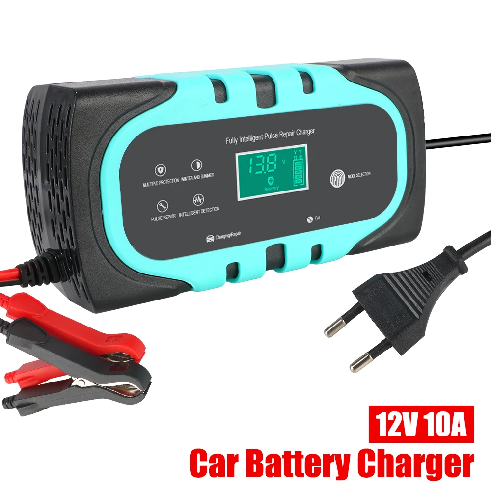 

12V 10A For Motorcycle Wet Dry Lead Acid Battery Digital Display Battery Charger Pulse Repair Smart Car Battery Charger