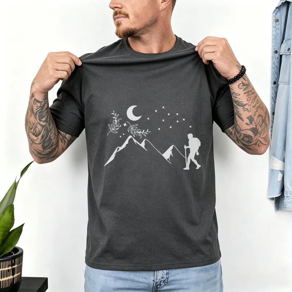 Фото Футболка Mountain Moon Star Hiker с минималистичным графическим рисунком для мужчин, футболки с изображением природы и пейзажей, повседневные хлопковые топы для активного отдыха и путешествий №3