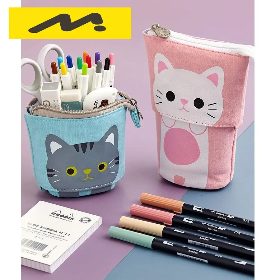 

Pen Pencil Bag Case, Cartoon Cute Cat Bear Sheep Canvas Fold Standing Holder Stationery Organizer Kids Gift A6445